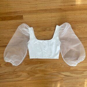 Organza Puff Sleeve Cropped Top - White